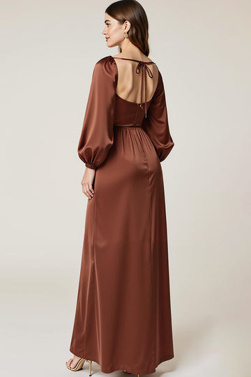 Coffee Satin Long Sleeve A Line Maxi Evening Dress